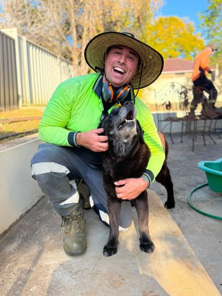 A worker in a lime high visibility shirt and a wide-brimmed hat crouching beside a dog on a paved area, with a second worker cutting back a garden behind