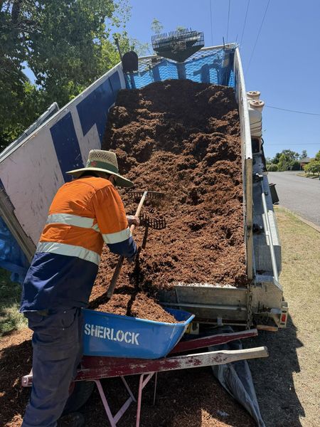 A worker in orange high visibility gear raking mulch off the back of a tipping truck into a wheelbarrow
