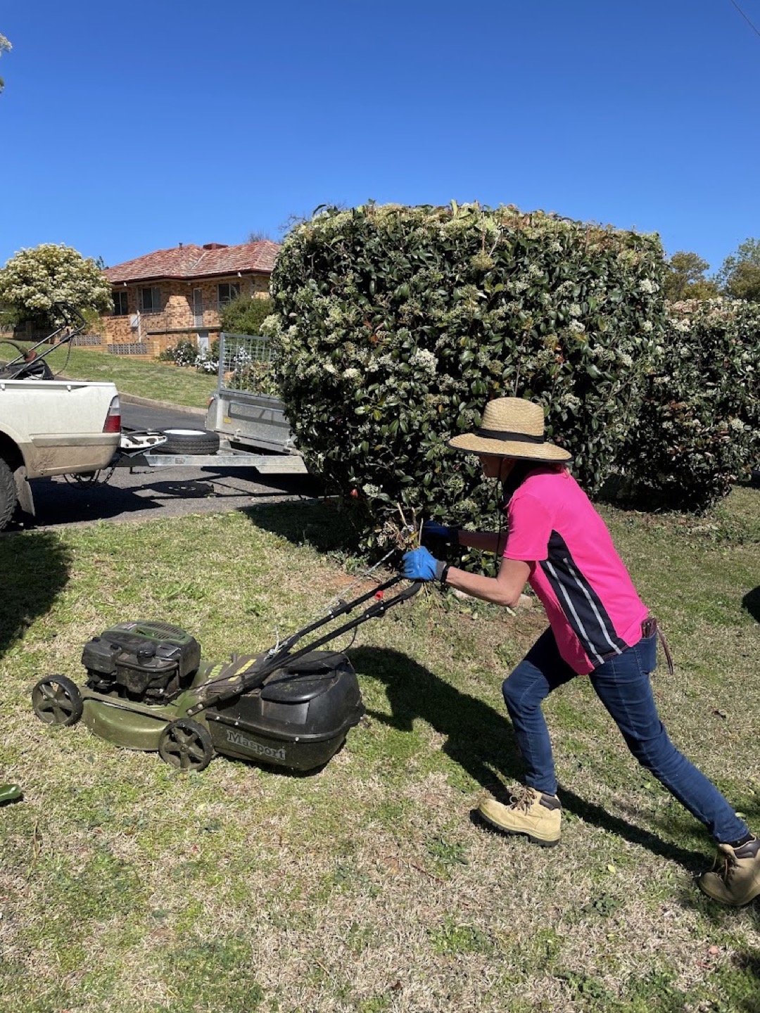 A worker in a wide-brimmed hat pushing a mower across a yard beside a tall hedge