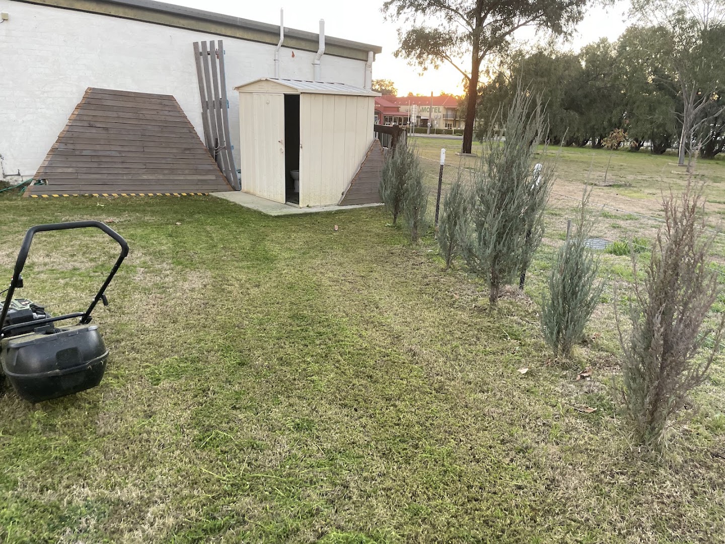 A mown back lawn beside a white shed with a mower parked at the edge