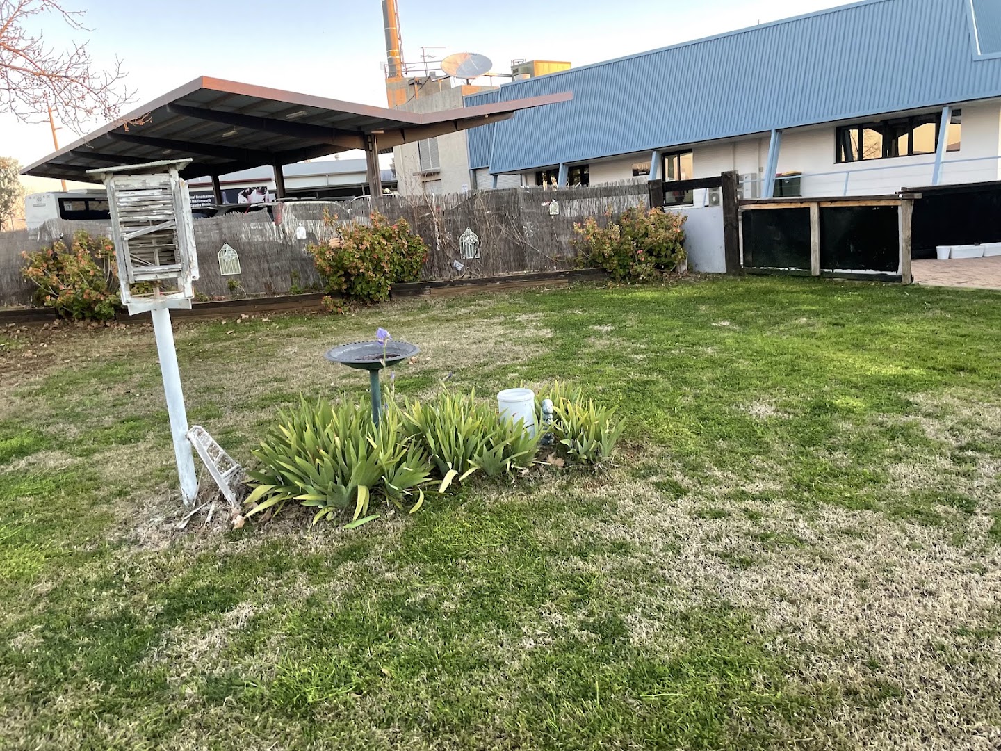 A wide mown lawn and garden bed in front of a large commercial building
