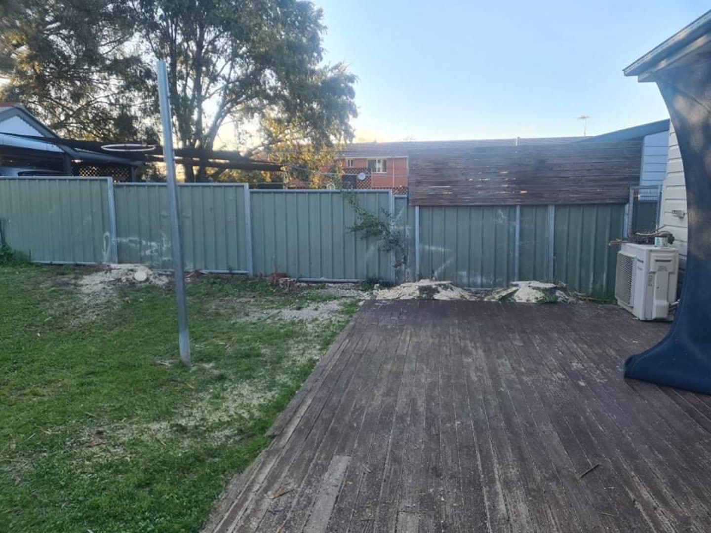 A strip of freshly cut lawn running beside a house