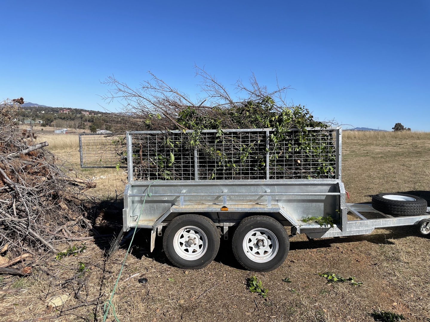A caged trailer stacked with cut branches on dry ground with low hills behind