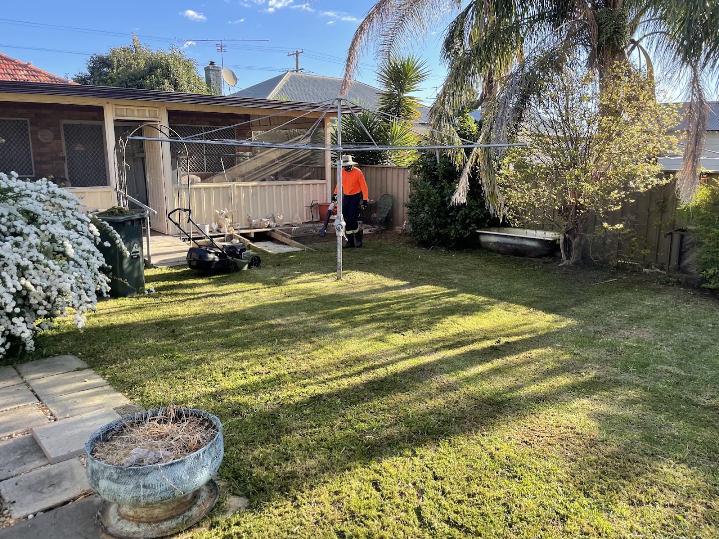 A mown back lawn with long afternoon shadows across it